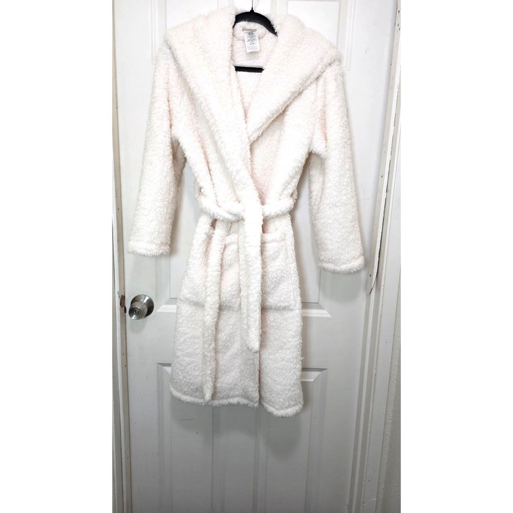 Pottery Barn Teen Teddy Bear Ivory Hooded Sherpa Belted Bathrobe Pockets Size S - Picture 2 of 8